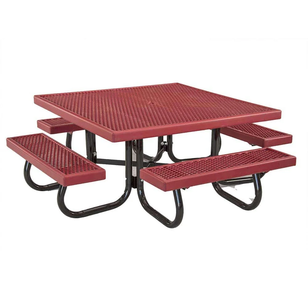cs4sjcvp Red picnic table with black metal legs and benches.