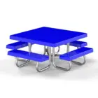Blue picnic table with metal legs and benches.