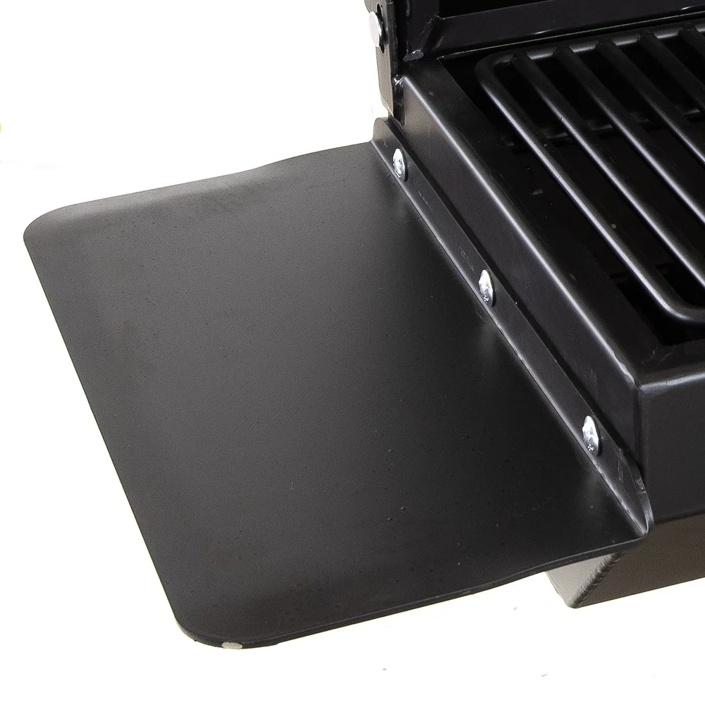 Black grill side panel with ventilation slots.