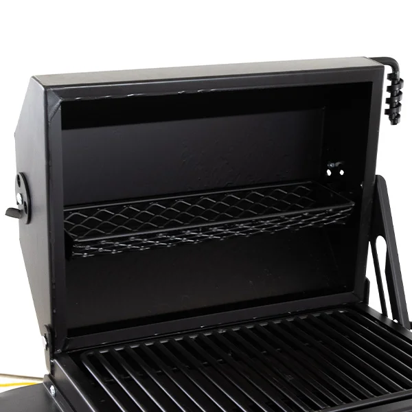 Black grill with open lid and cooking grate.