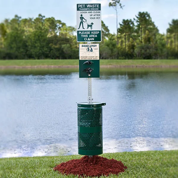 kdp1003hp-web Pet waste station by a lake.
