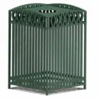 Green metal trash can with decorative lattice design.