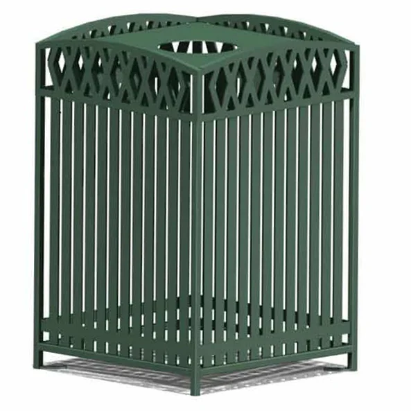 novaktrash-green-web Green metal trash can with decorative lattice design.