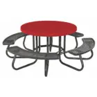 Round picnic table with red top and black metal legs.