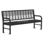 Black metal bench with a tree pattern on backrest.