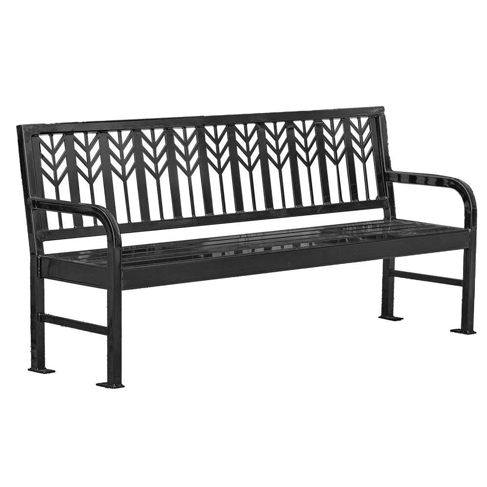 ssssb74web Black metal bench with a tree pattern on backrest.