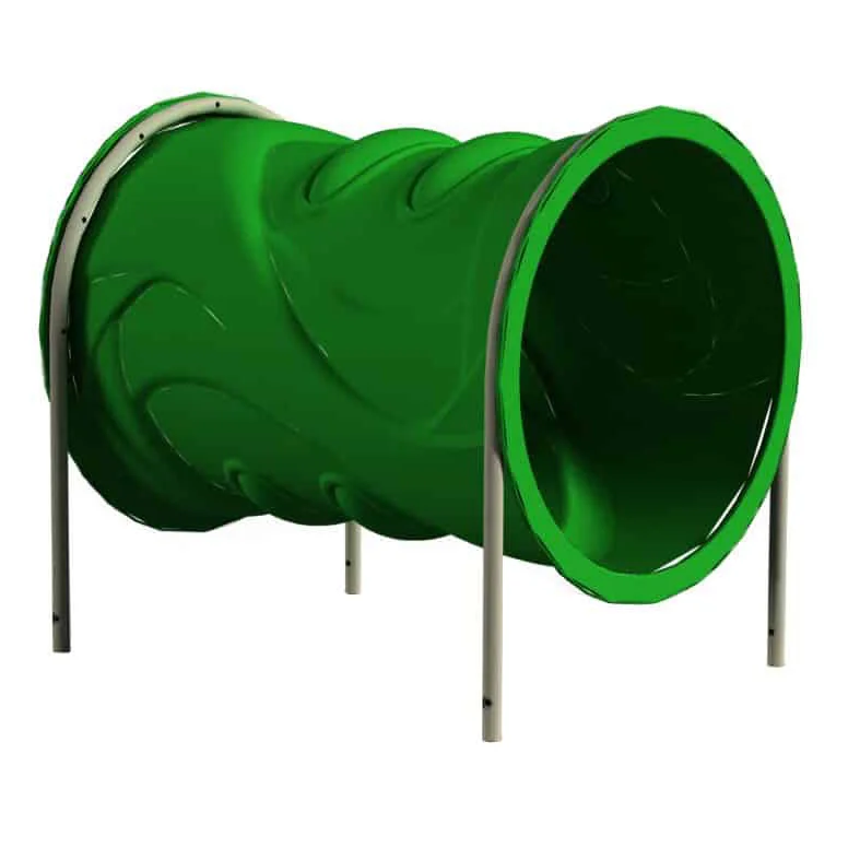 Green playground tunnel with metal frame.
