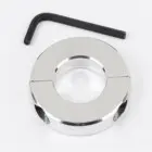 Silver-colored circular object with a central hole and two side holes.