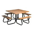 Rectangular picnic table with slatted wood top and black metal frame.