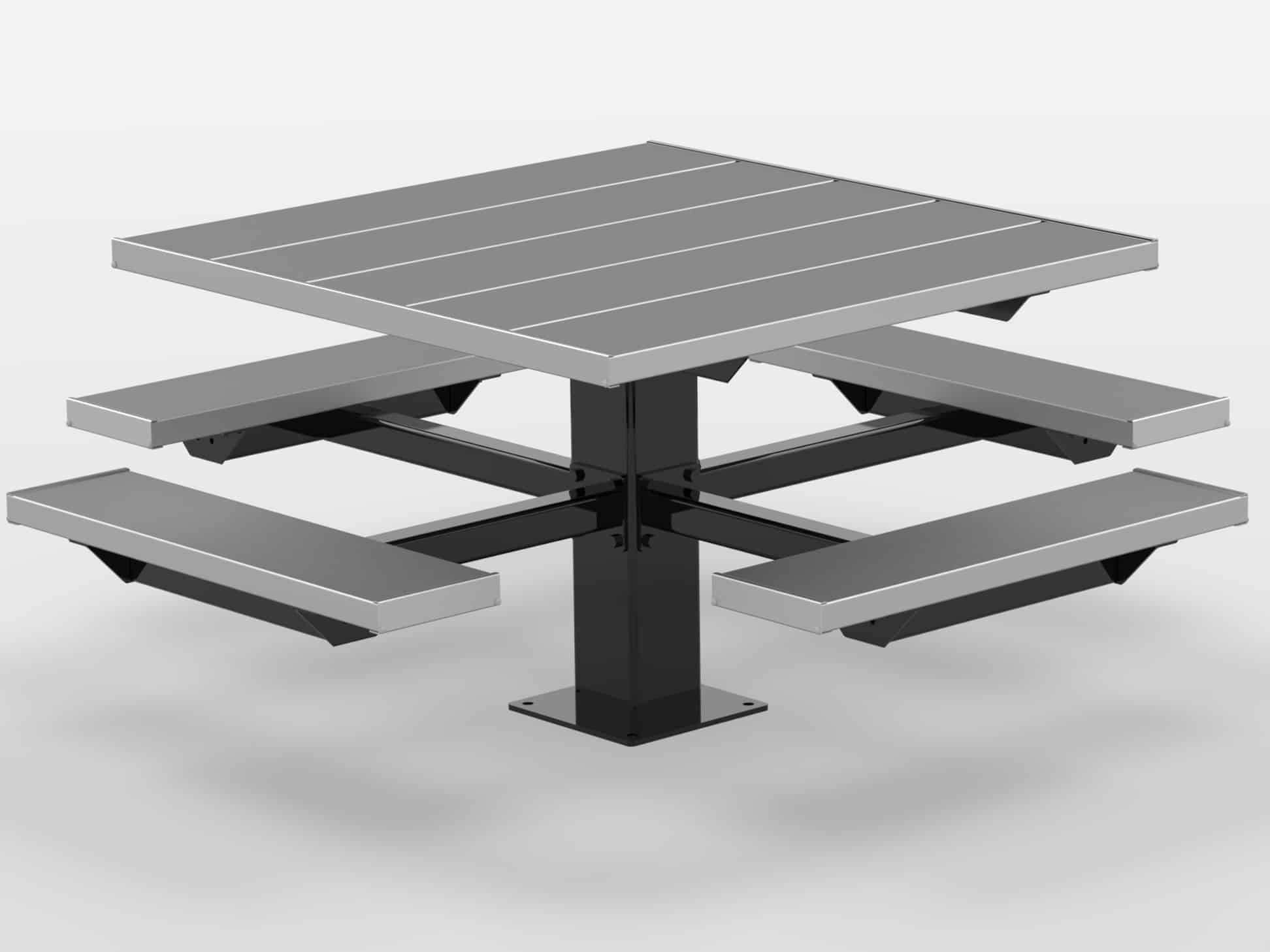 Outdoor picnic table with adjustable height and built-in benches.