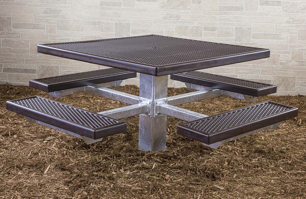 Outdoor picnic table with four seats and a metal top.