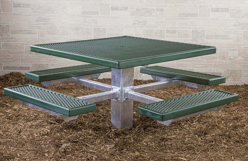 Outdoor green picnic table with metal legs and a textured surface.