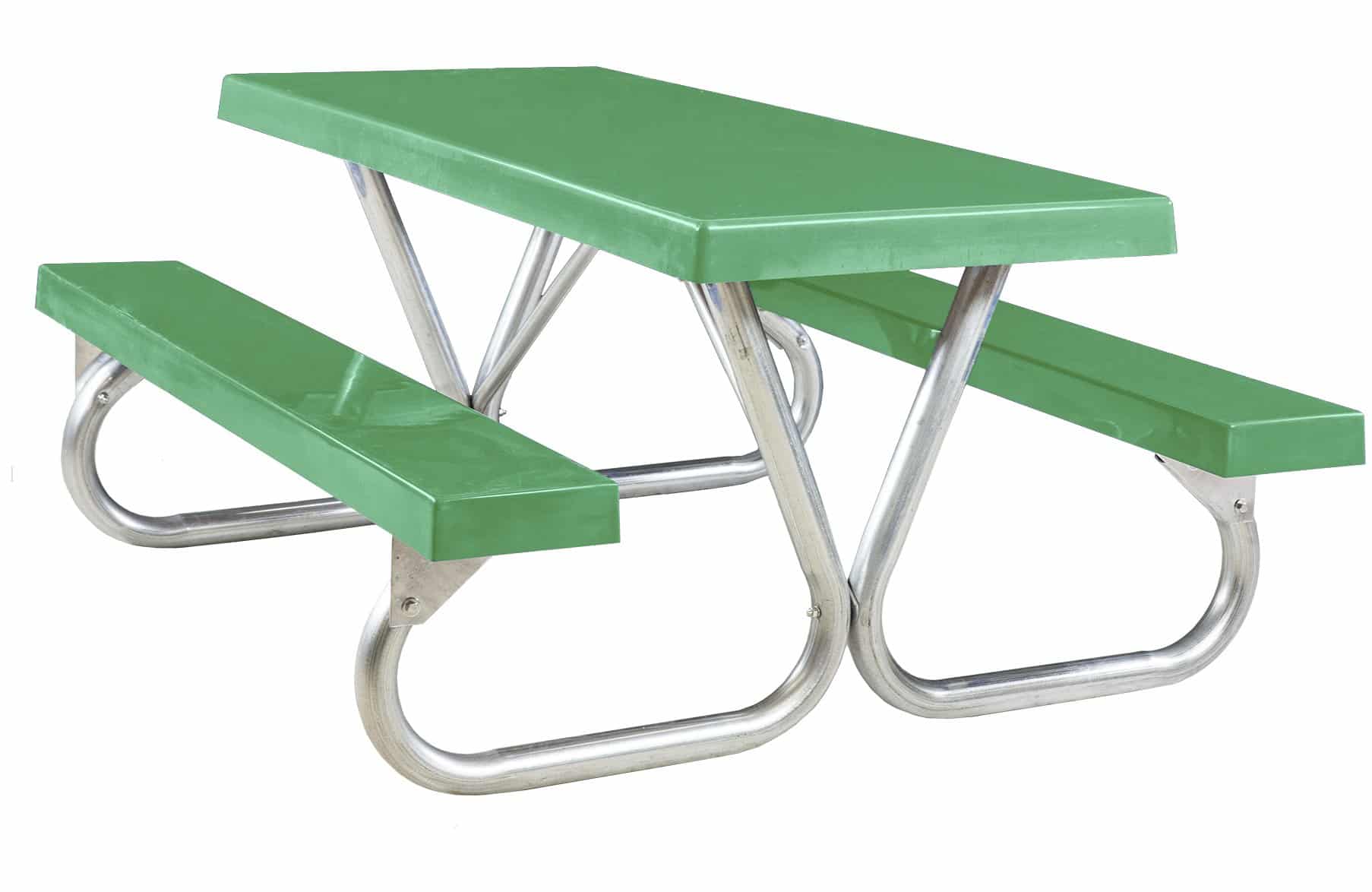 Green metal picnic table with stainless steel legs.