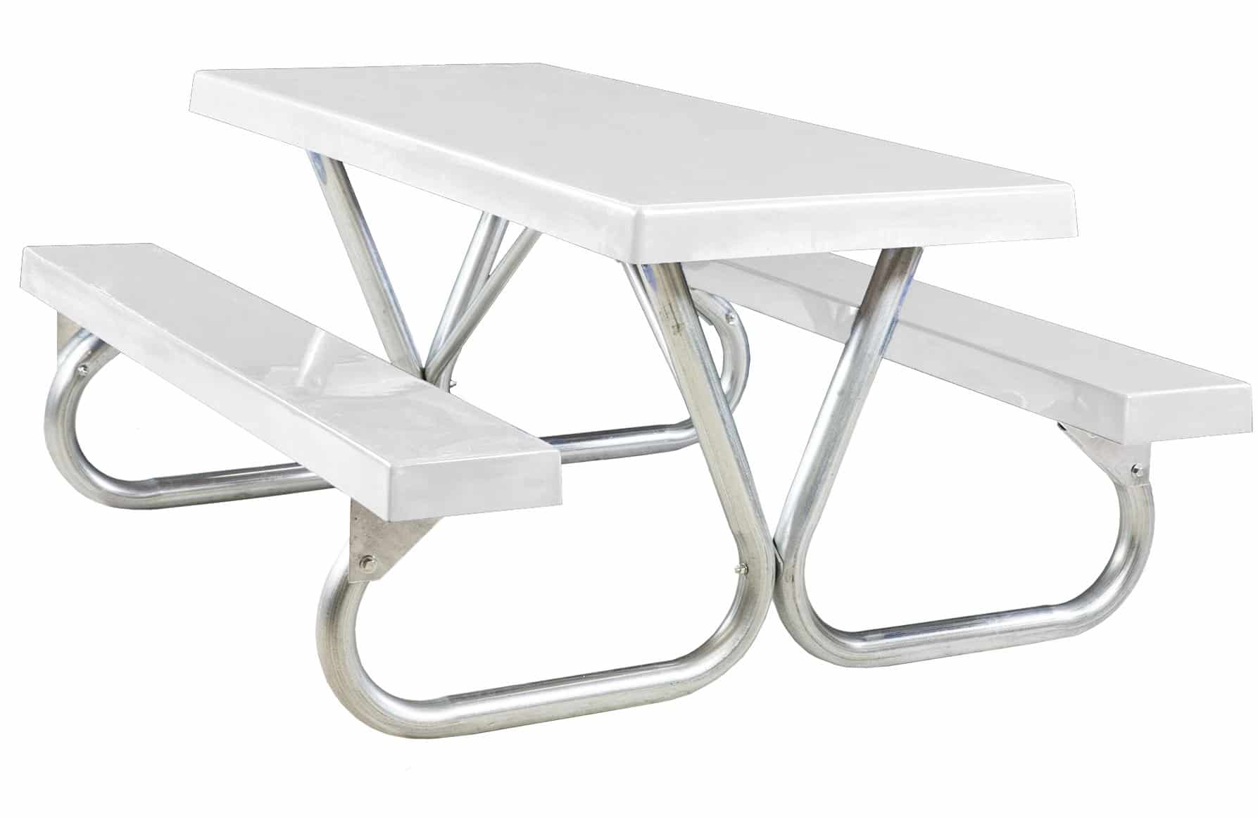 White picnic table with metal legs and benches.