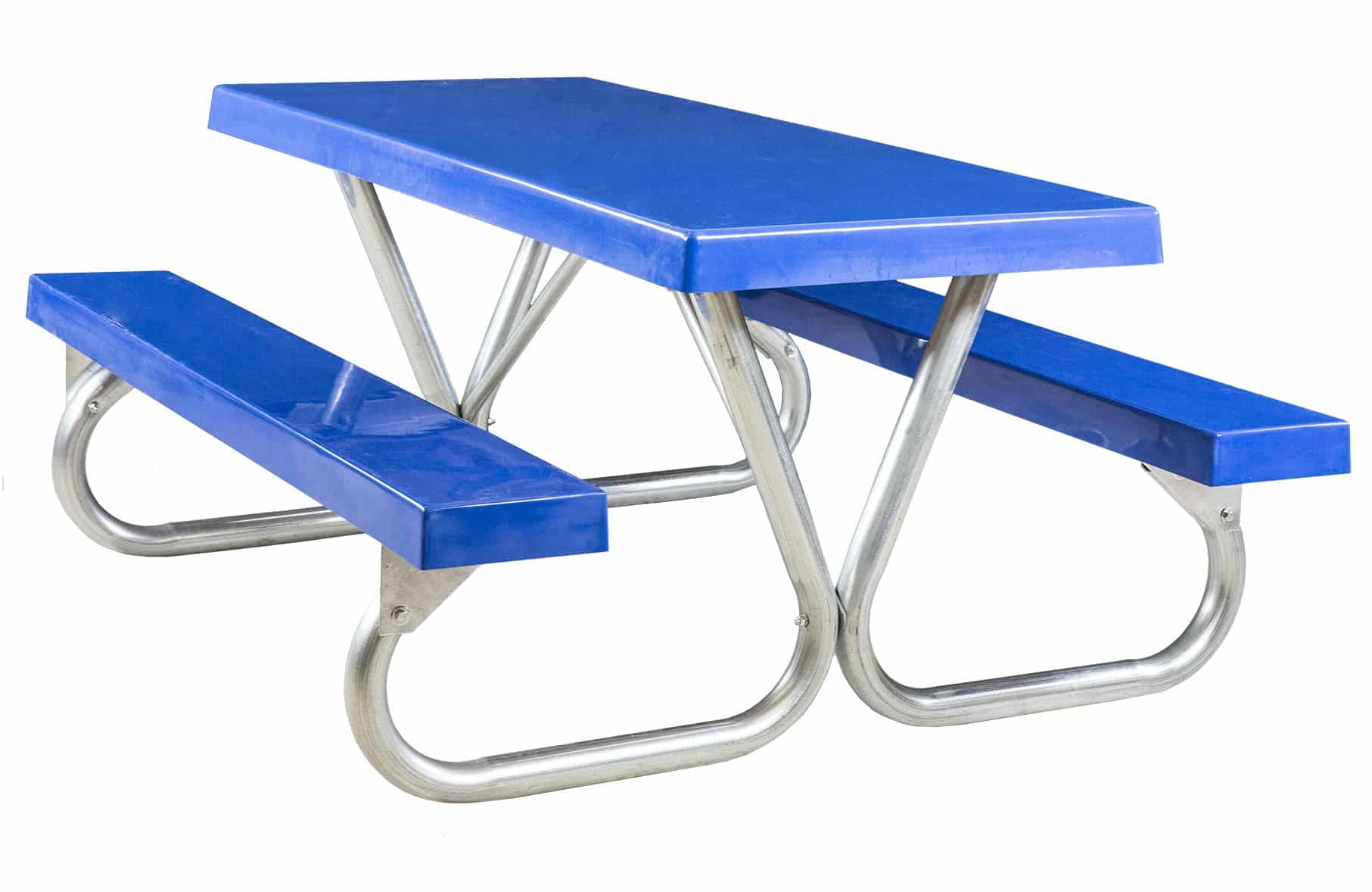 Blue picnic table with metal legs and benches.