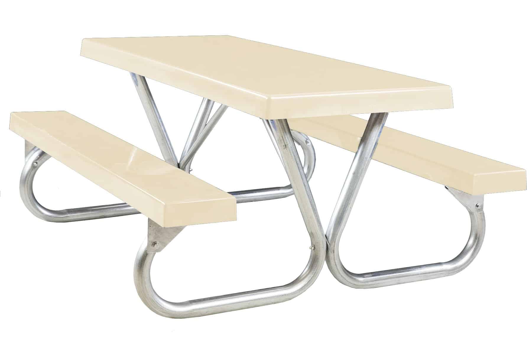 Beige picnic table with metal legs.