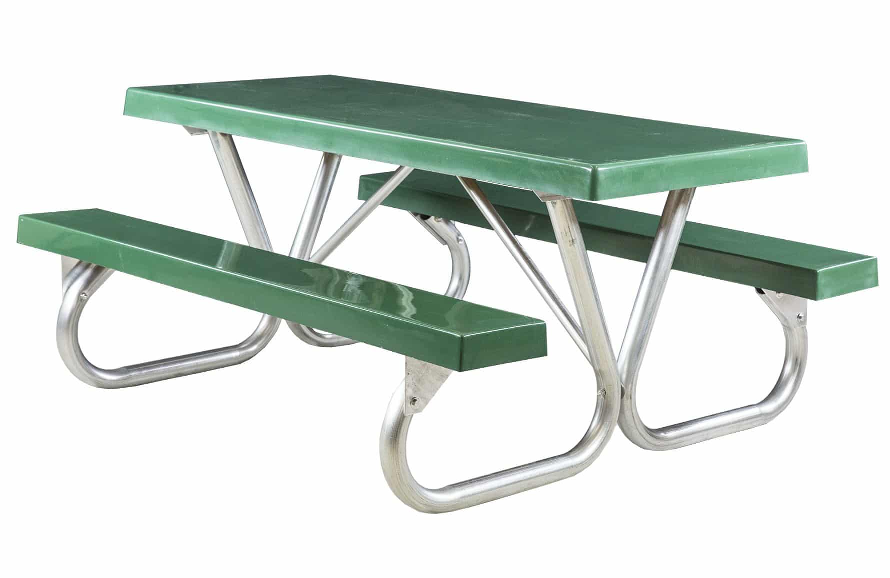 Green picnic table with metal legs and benches.