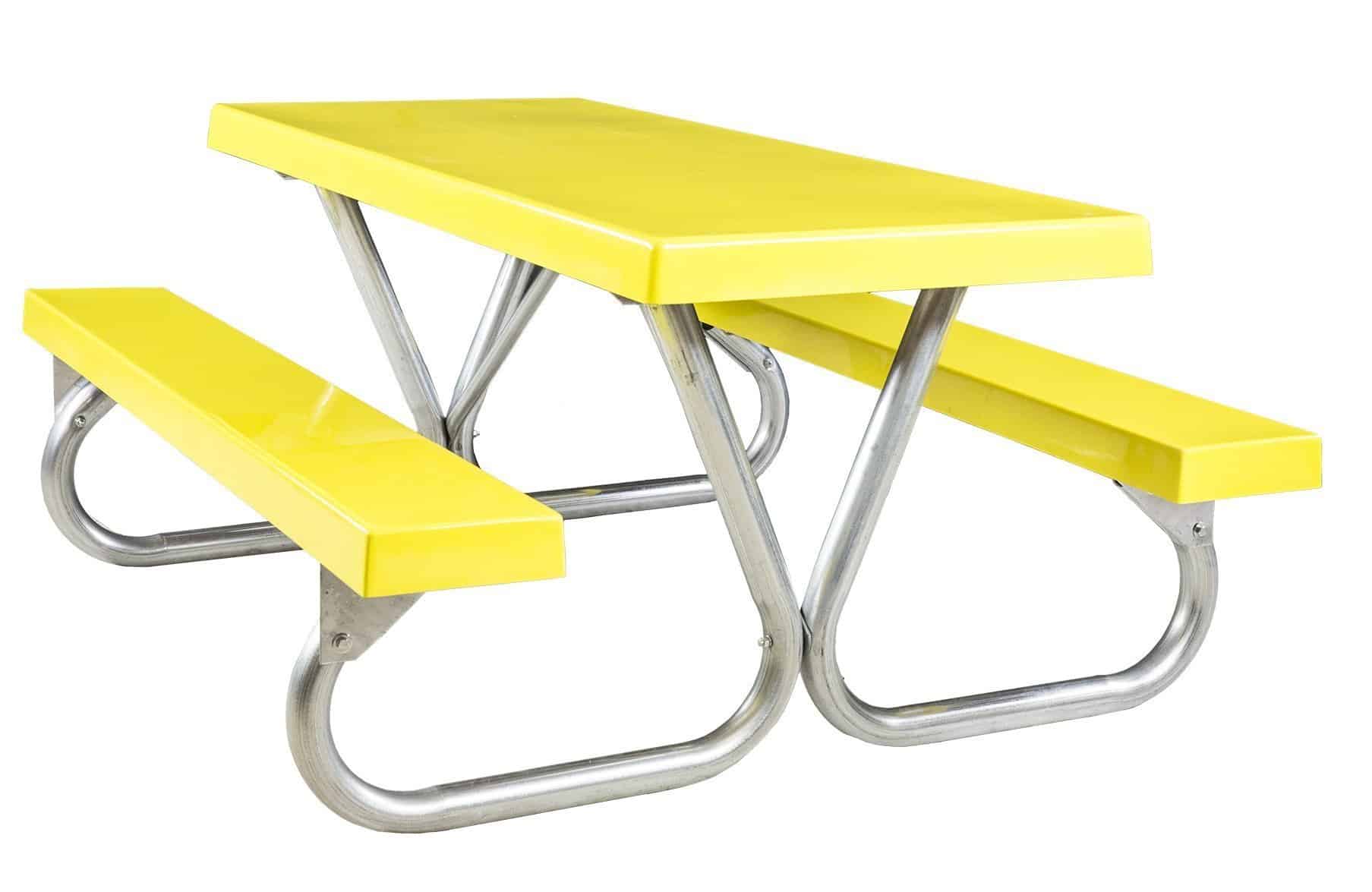 Yellow picnic table with metal legs and benches.