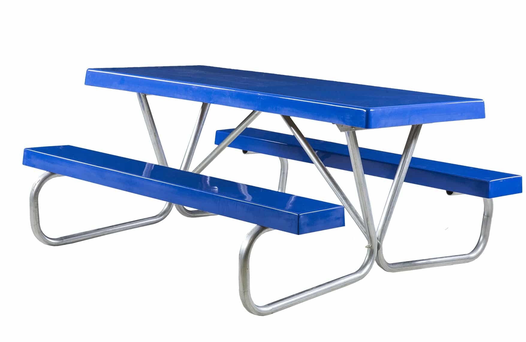 Blue picnic table with metal legs and benches.