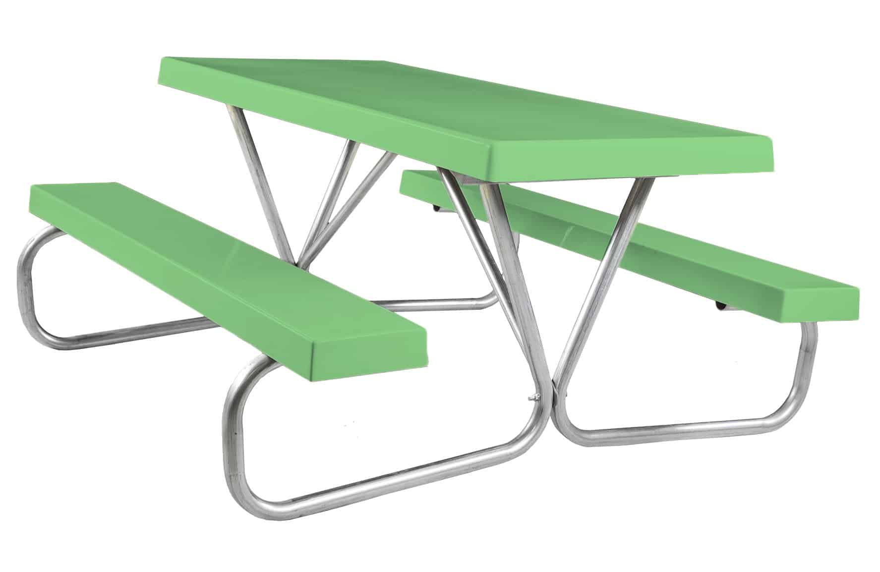 Green picnic table with metal legs and benches.