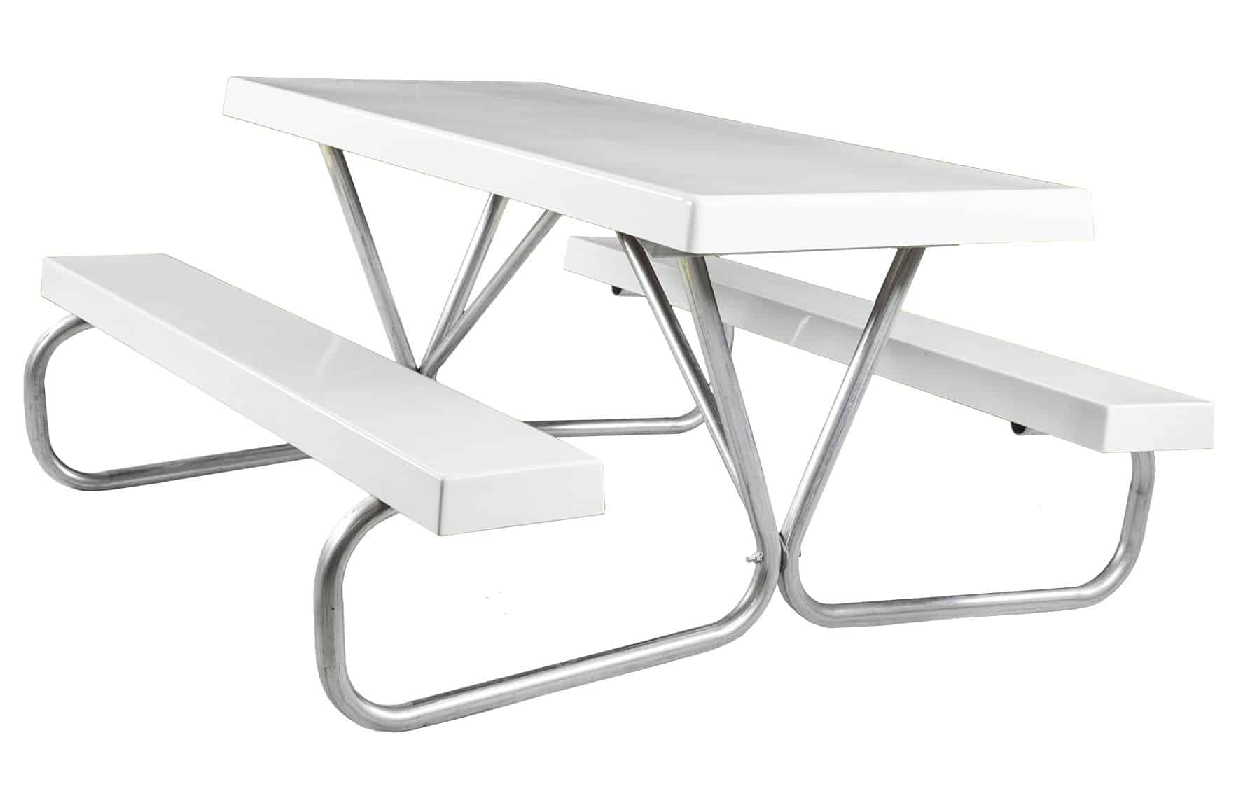White picnic table with metal legs and benches.