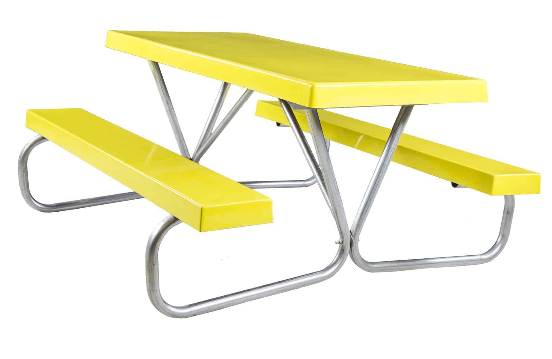 Yellow picnic table with metal legs and benches.