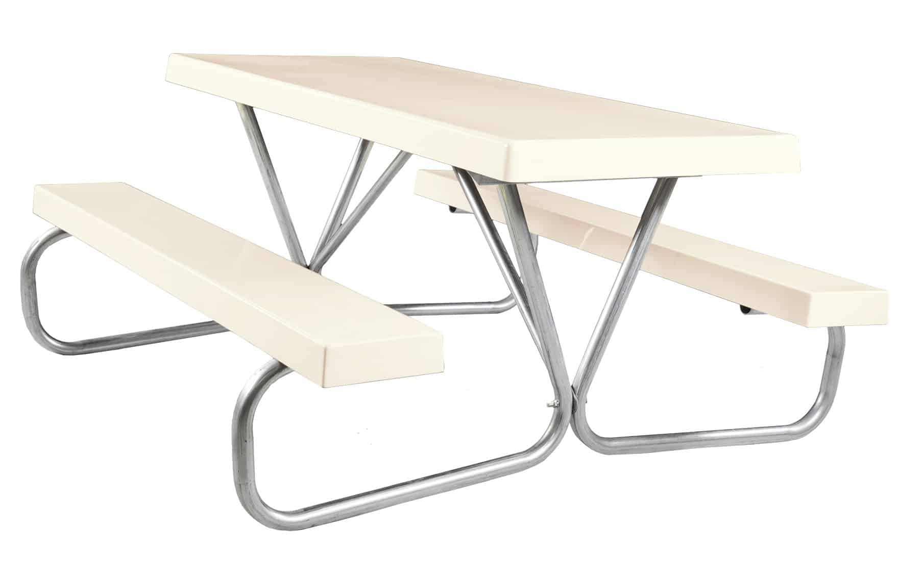 Beige picnic table with metal frame.