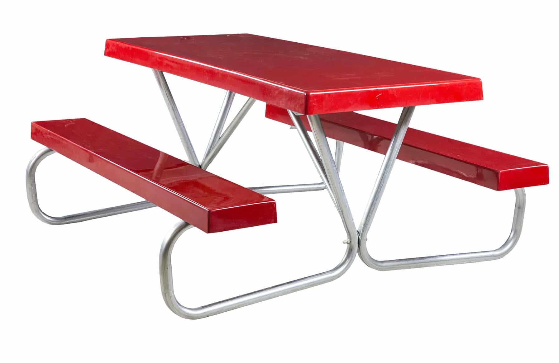 Red picnic table with metal legs and benches.