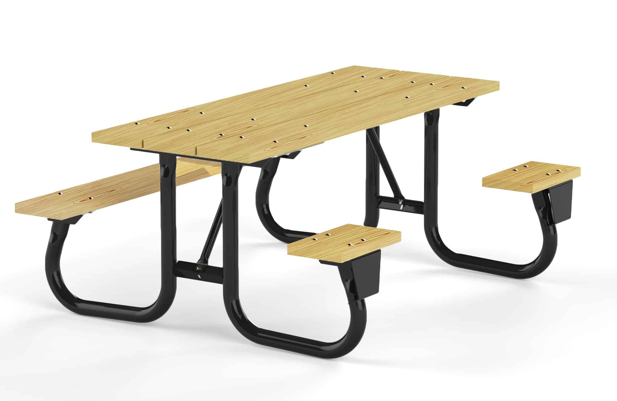 Wooden picnic table with black metal frame and bench seating.