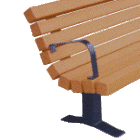 Wooden chair with a blue armrest and metal legs.