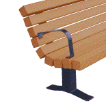 Wooden chair with a blue armrest and metal legs.