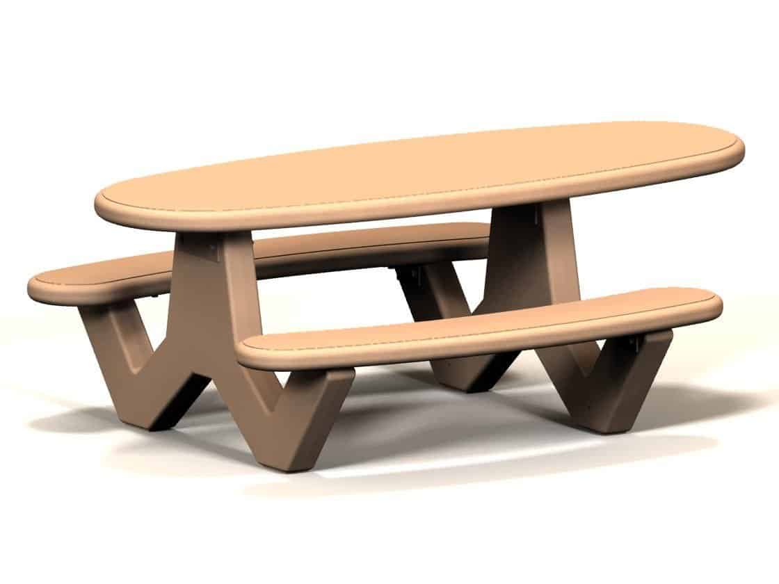 Oval picnic table with benches and a light wood finish.