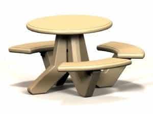 Round picnic table with four curved bench seats.