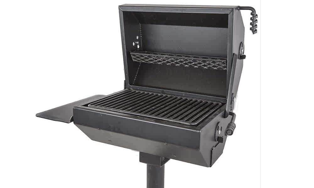Portable outdoor grill on a stand.