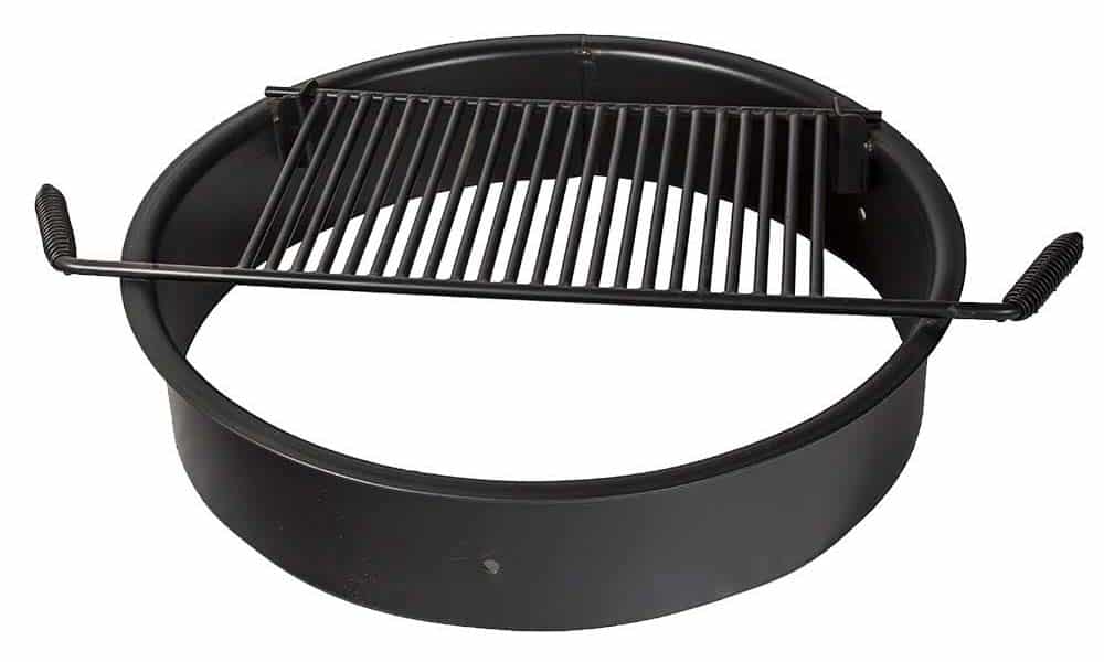 Black metal fire pit grill with a handle.