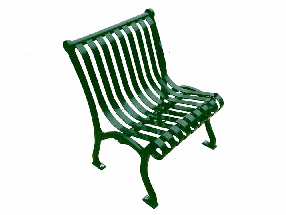 Green metal bench with curved armrests and legs.