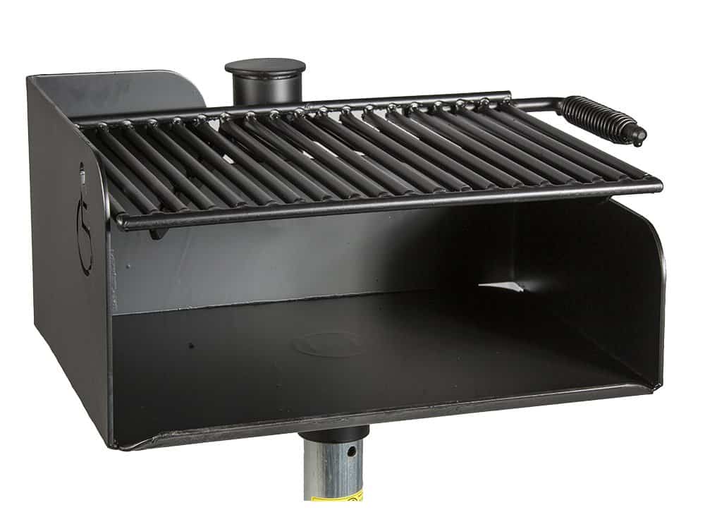 Black grill with metal grate and chimney.