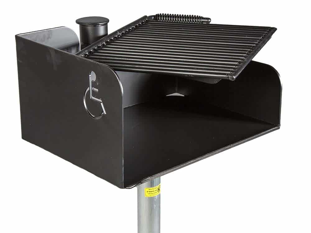 Wheelchair accessible grill on a stand.