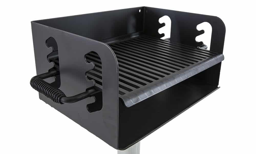 Black metal grill with handles and a grate.