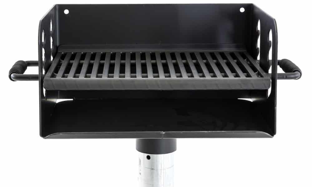 Portable black grill on a stand.