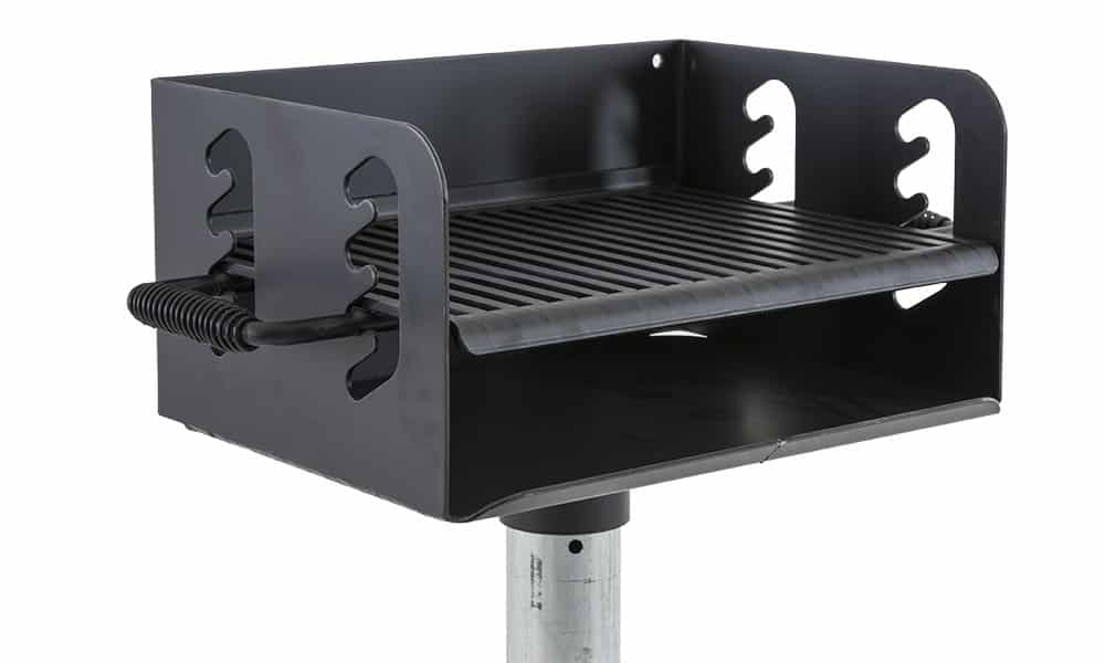 Black metal grill stand on a white background.