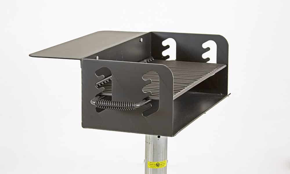 Outdoor grill chimney with adjustable angle and spring-loaded damper.