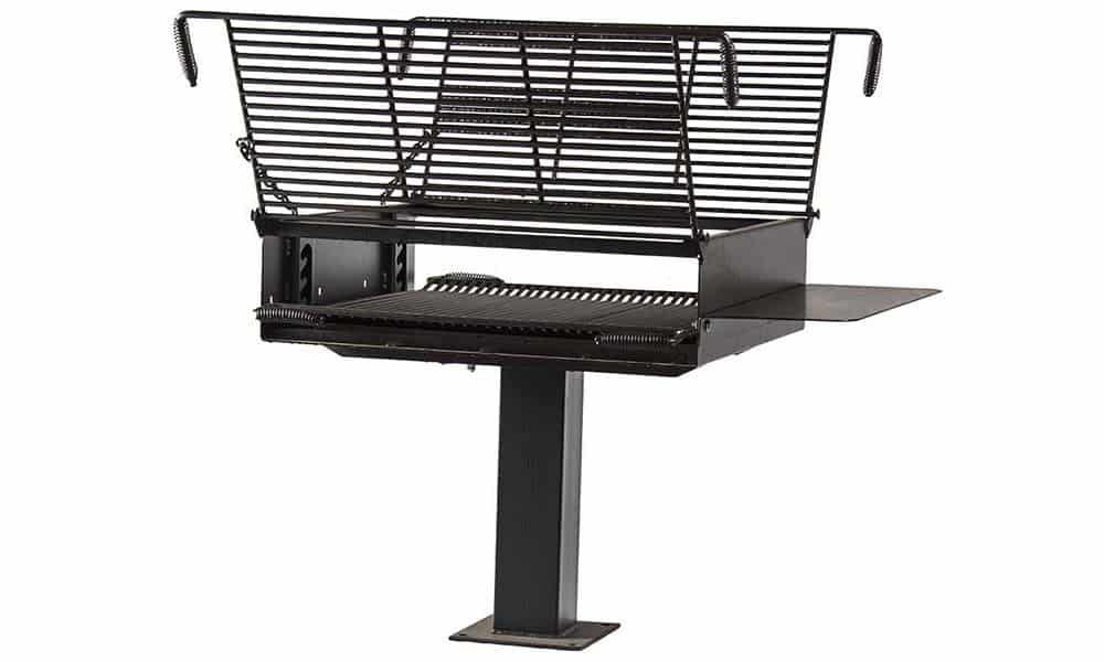 Black metal grill stand with adjustable height.