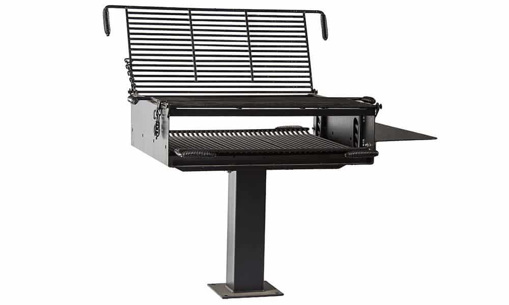 Outdoor grill on a stand.