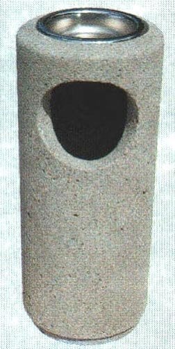 Concrete trash can with a round opening.