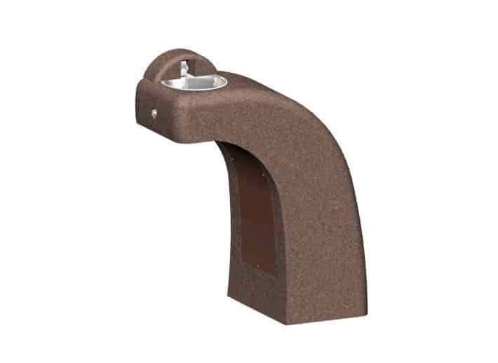 Brown outdoor drinking fountain with curved spout and handle.