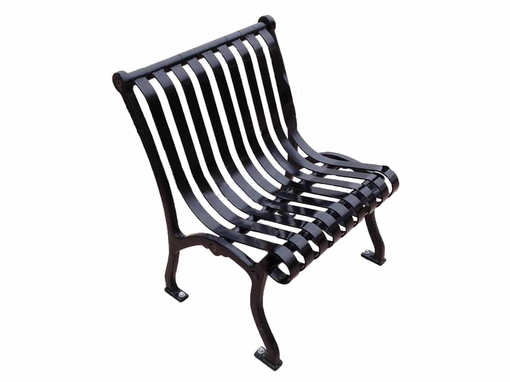 Black metal bench with curved backrest and legs.