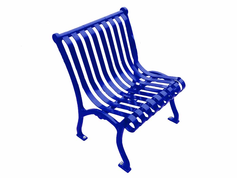 Blue metal bench against white background.