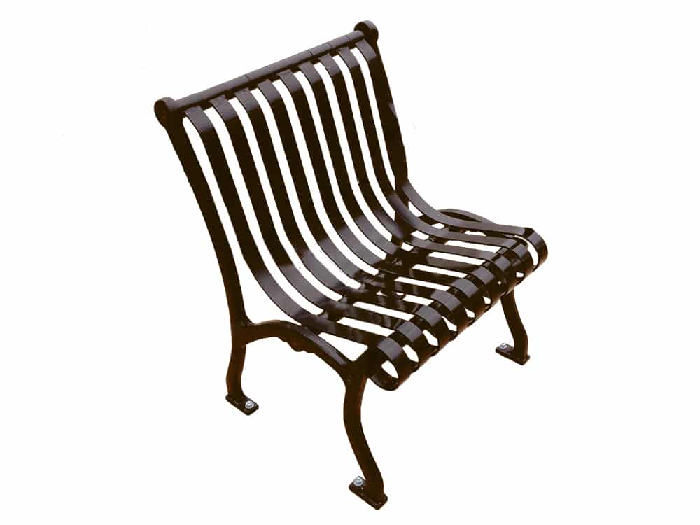 Metal bench with curved legs and vertical slats.