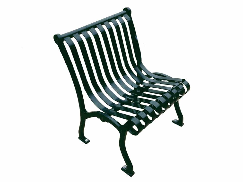 Black metal park bench against white background.